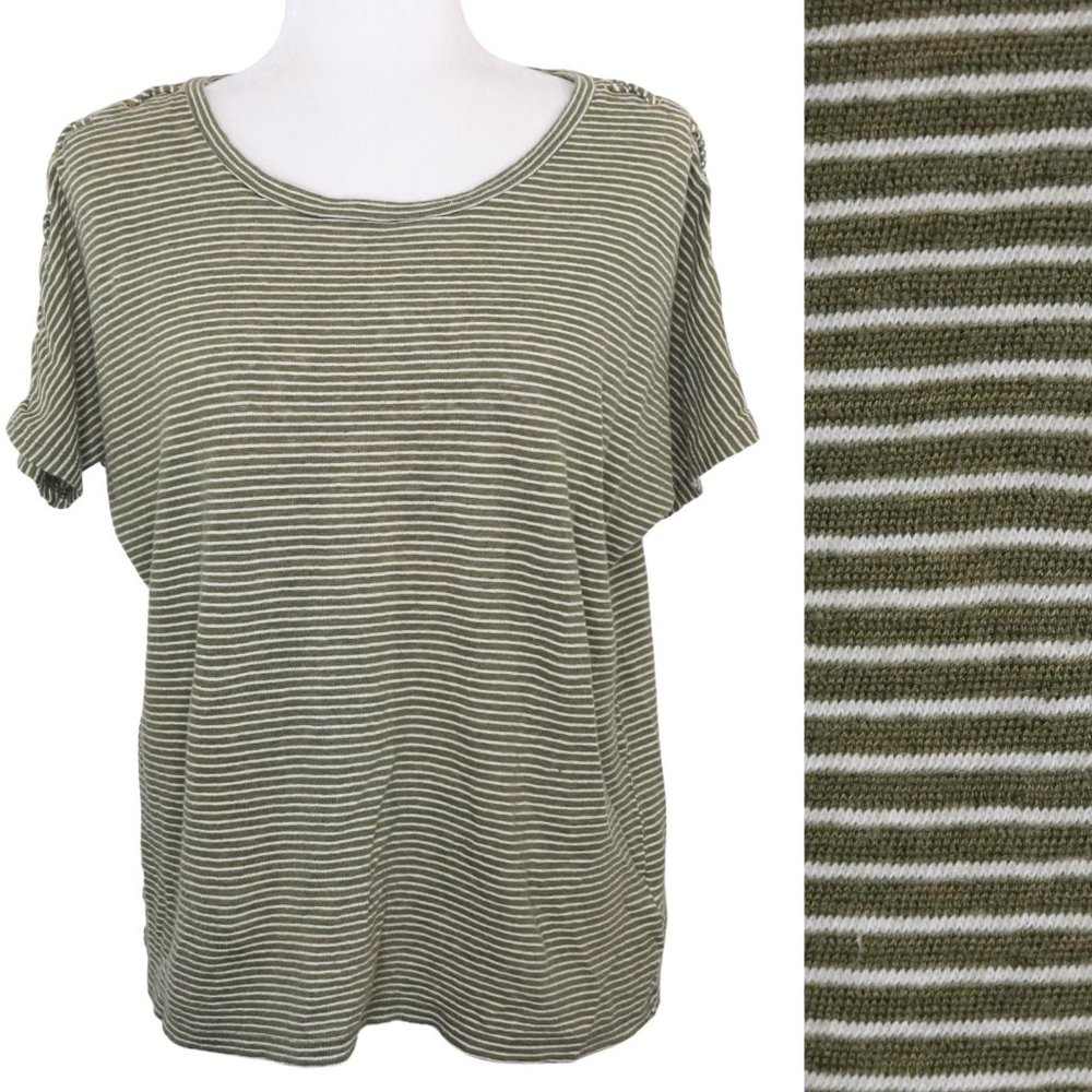 Lauren Ralph Lauren Linen Cotton Shirt Olive Green White Stripe Laced Shoulders